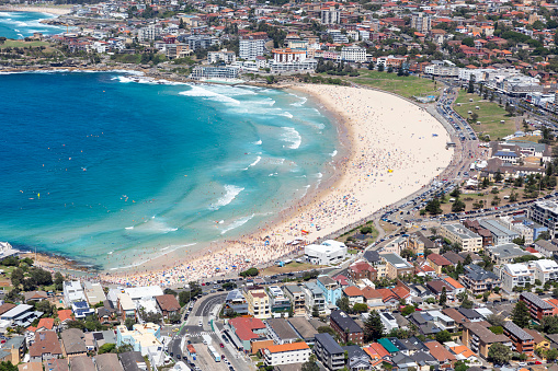 Aerial wide angle view of Bondi Beach in Sydney in summer during the day.