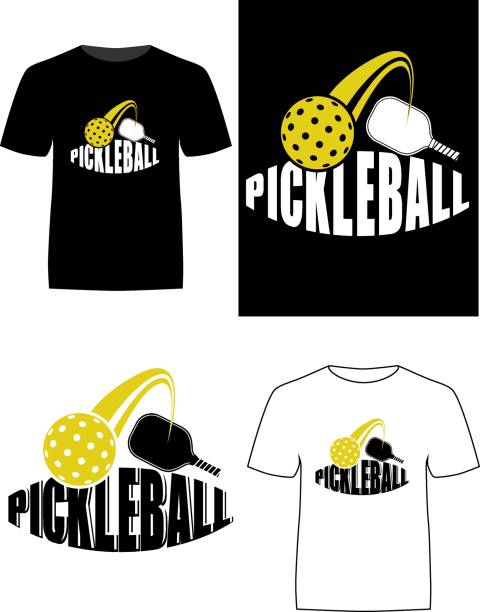Pickle ball logo design and application in a T-shirt Pickle ball logo design and application in a black and white T-shirt black and white sports silhouette stock illustrations