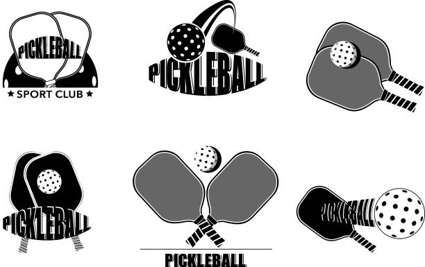 Set of different pickle ball logo design Set of different monochromatic pickle ball logo design black and white sports silhouette stock illustrations