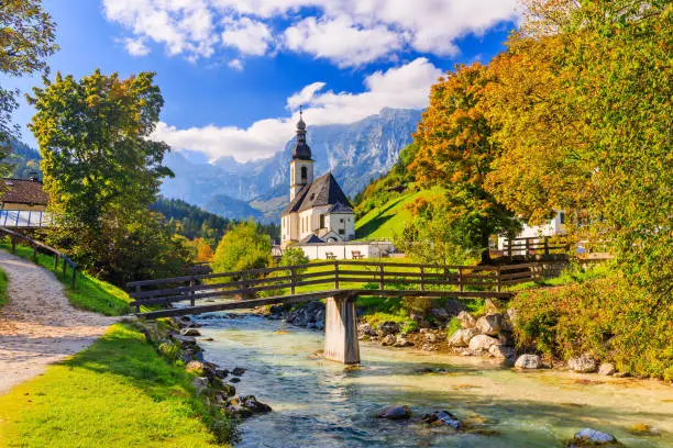 Berchtesgaden National Park, Germany. Parish Church of St. Sebastian in the village of Ramsau