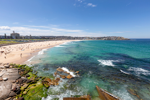 Daytime wide angle view of Bondi Beach in summer with clear skys and clear water.