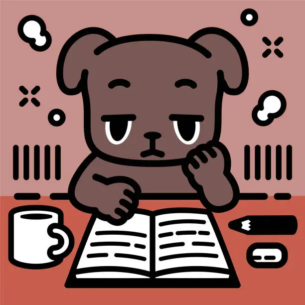 Vector illustration of A tired labrador retriever dog sitting at a desk with its chin on the hand reads a book