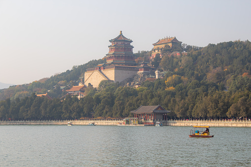 The Summer Palace of the longevity hill and Kunming Lake, sunset sky, copy space for text