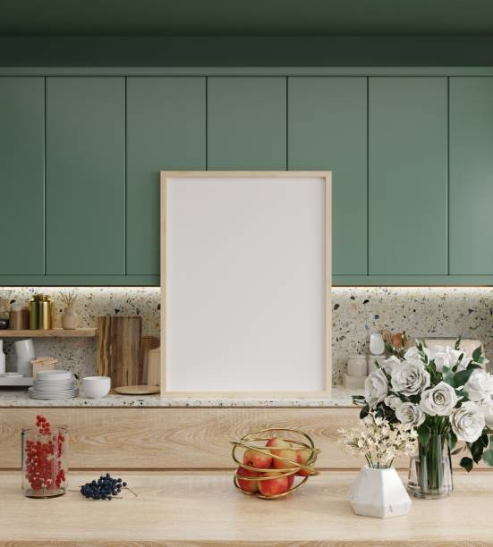 istock Mock up poster frame in kitchen interior with terrazzo and green wall background. 1647512869