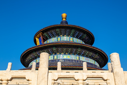 Close up on wonderful and amazing temple - Temple of Heaven in Beijing, China. White marble gates at the front, wallpaper, blue sky with copy space for text