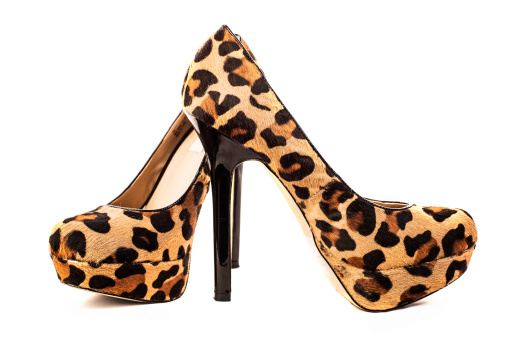 Close-up studio shot  of various stiletto high heels in different animal print designs, lots of copy space.