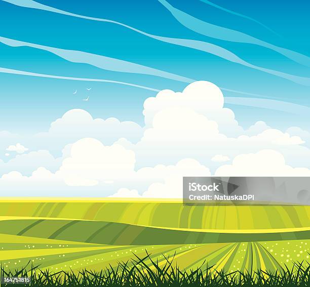 Grupo De Nuvens E Campo Verde Em Um Céu Azul - Arte vetorial de stock e mais imagens de Ajardinado - Ajardinado, Azul, Beleza natural