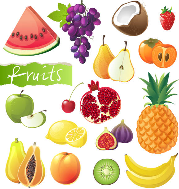 illustrazioni stock, clip art, cartoni animati e icone di tendenza di set di frutta - fig apple portion fruit