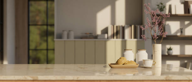 istock Empty space on a marble tabletop or countertop in a cozy Scandinavian room. 1647553700