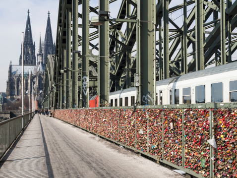 cologne cathedral, Germany. View from the hohenzollernbrücke with  a wall of padlocks.