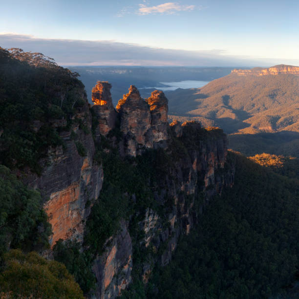 Wide angle view of the Three Sister rock formation at The Blue Mountains, NSW