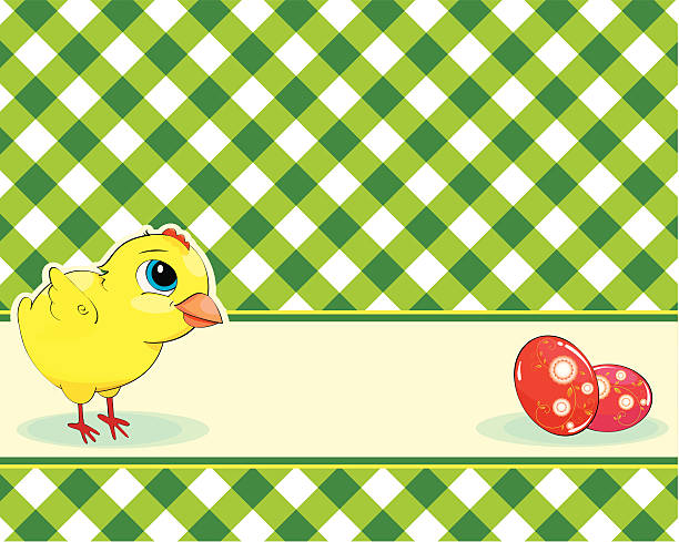 checkered background with chicken and easter eggs vector art illustration