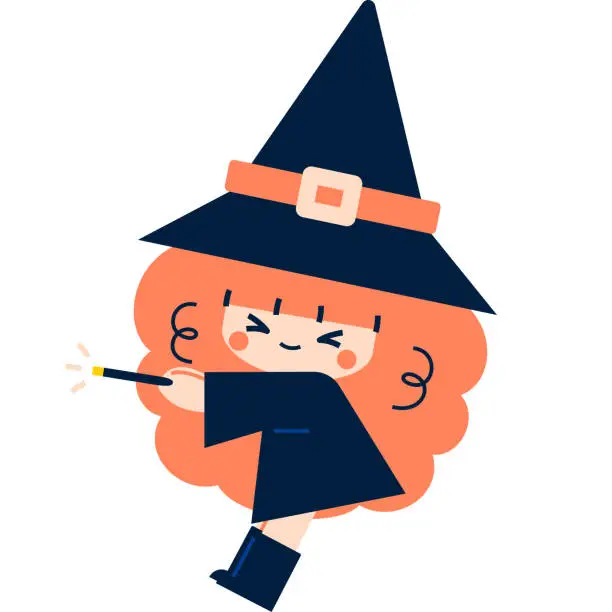 Vector illustration of Halloween Cute Cartoon Witch Casting a Spell with a Magic Wand