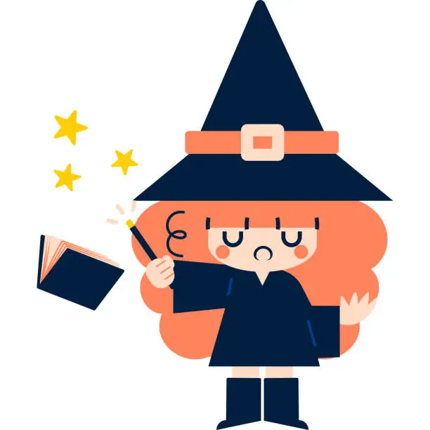 Vector illustration of Halloween Cute Cartoon Witch Casts a Spell with a Magic Wand, Making the Magic Book Fly and Creating a Star Effect