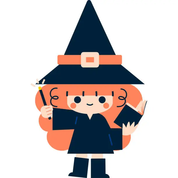 Vector illustration of Halloween Cute Cartoon Witch Casts a Spell with a Magic Wand, Holding a Magic Book in Her Left Hand