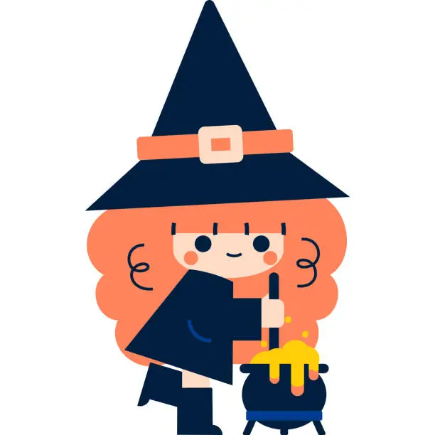Vector illustration of Halloween Cute Cartoon Witch is Stirring Pot Brew Poison