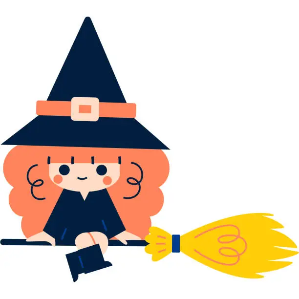 Vector illustration of Halloween Cute Cartoon Witch Riding on a Broom