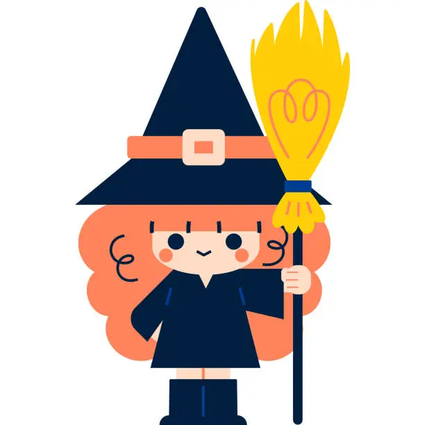 Vector illustration of Halloween Cute Cartoon Witch with a Broom
