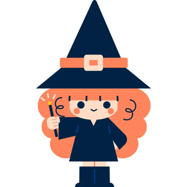 Vector illustration of Halloween Cute Cartoon Witch with a Magic Wand