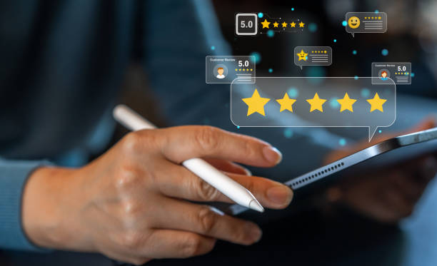 istock Human use tablet showing give feedback icon satisfaction survey, five star, customer, satisfaction, review, feedback, top service excellent, Quality assurance 5 star, positive, customer service 1647615670