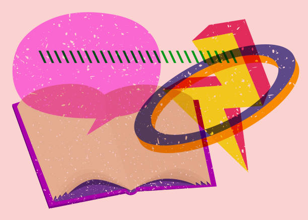 istock Book with speech bubble and colorful geometric shapes. Educational Object in trendy riso graph design. Geometry elements abstract risograph print texture style. 1647621958