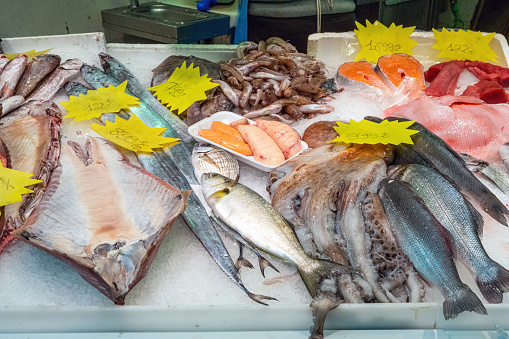 Choice of fish and seafood for sale at a market in Barcelona, Spain