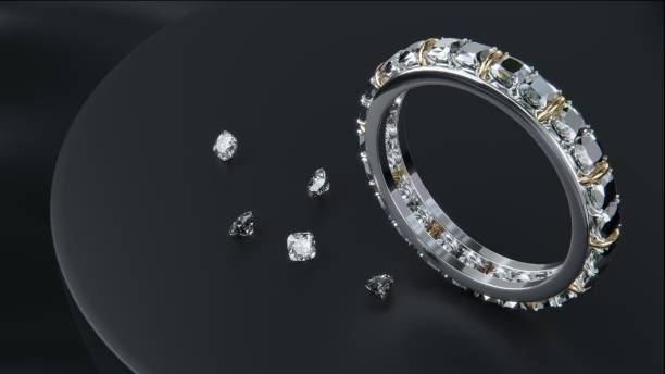 istock Platinum diamond ring and many small diamonds on the floor. Ring design on display stand with 3D rendering. 1647670342