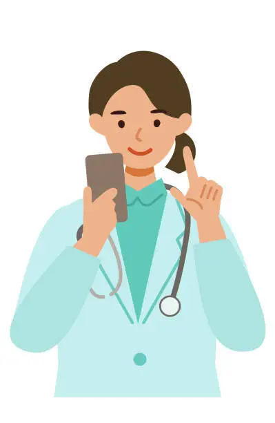 Vector illustration of Doctor Woman wearing lab coats. Healthcare conceptWoman cartoon character. People face profiles avatars and icons. Close up image of Woman using smartphone.