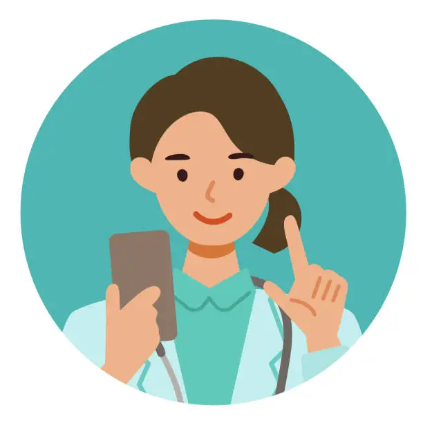 Vector illustration of Doctor Woman wearing lab coats. Healthcare conceptWoman cartoon character. People face profiles avatars and icons. Close up image of Woman using smartphone.