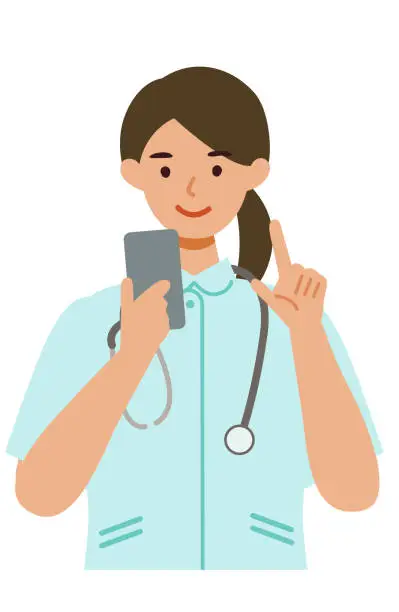 Vector illustration of Working nurse Woman. Healthcare conceptWoman cartoon character. People face profiles avatars and icons. Close up image of Woman using smartphone.