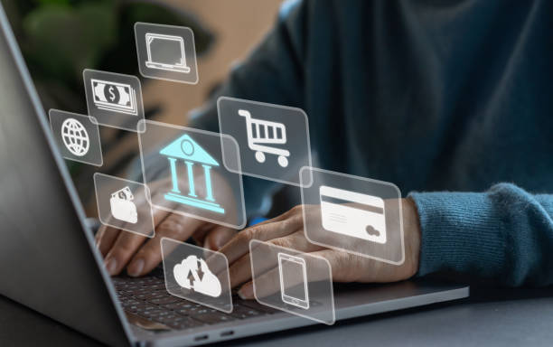 istock Human use laptop with online banking digital technology, mobile banking, shopping, payment, finance, bank, withdraw money, account, transfer, credit card, financial and global business online 1647737976