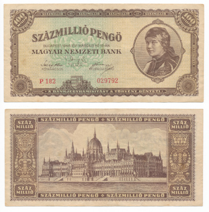Both sides of hungarian banknote with crest, Parliament and portrait of woman