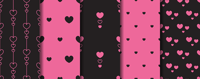 istock Hearts black and pink seamless patterns set 1647749947