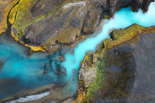 Aerial view on idyllic turquoise river in Iceland.
