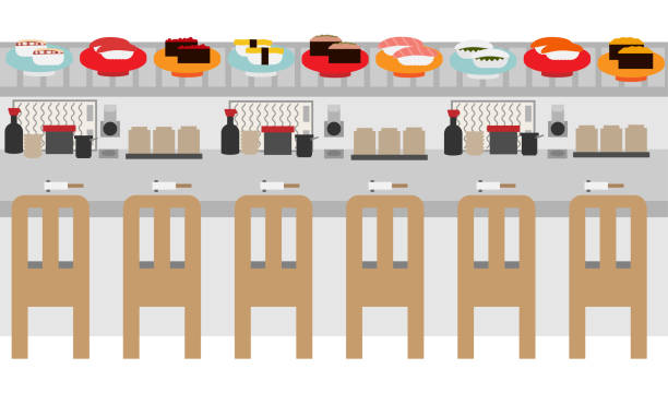 ilustrações, clipart, desenhos animados e ícones de ilustração da pista de sushi da correia transportadora e dos assentos do balcão - sushi chopsticks sushi bar food