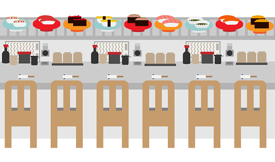Illustration of conveyor belt sushi lane and counter seats
