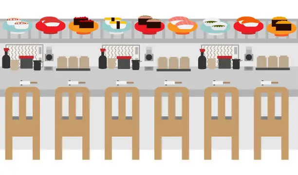 Vector illustration of Illustration of conveyor belt sushi lane and counter seats