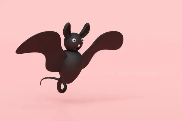 Photo of 3d halloween holiday party with black bat isolated on pink background. 3d render illustration