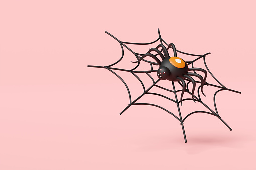 3d halloween holiday party with spider and spider web isolated on pink background. 3d render illustration