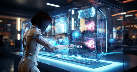 In a modern medical lab, a youthful cyborg female carries out her responsibilities by working with a computer.