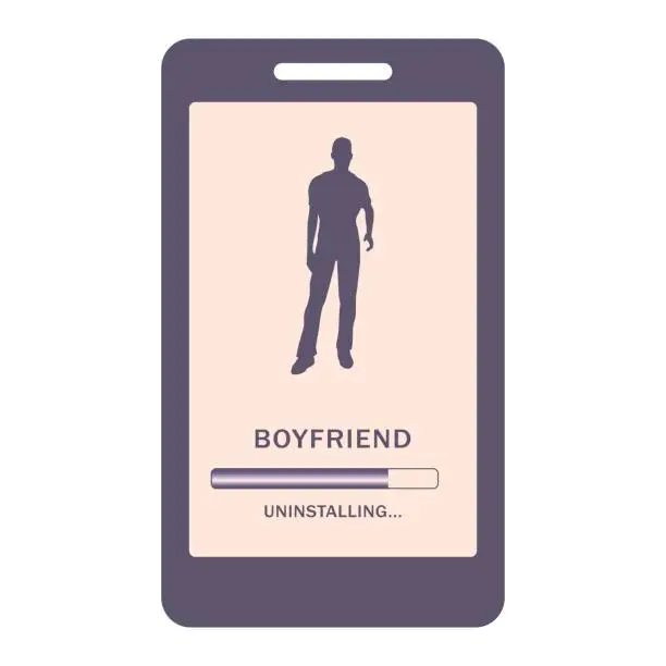 Vector illustration of Uninstalling a boyfriend screen as a metaphor of ended romantic relationship. Emotionally difficult breakup. Pain, guilt, and disappointment at the end of the relationship. New life stage.