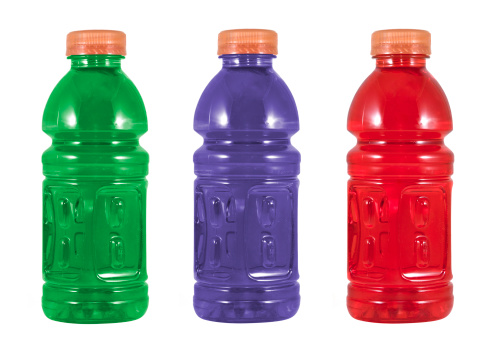 Three different flavor sports drinks.