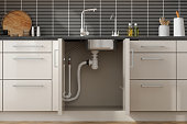 Front View Of Water Pipes Under Sink In Kitchen Cabinet