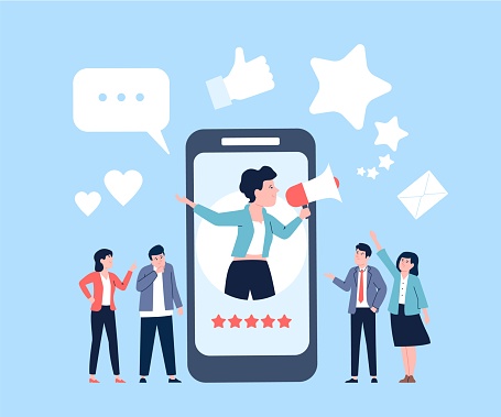 Referral marketing, promoter person influence loyal client. Networking programm, branding and affiliate. Recommend service recent vector scene of influencer promotion illustration