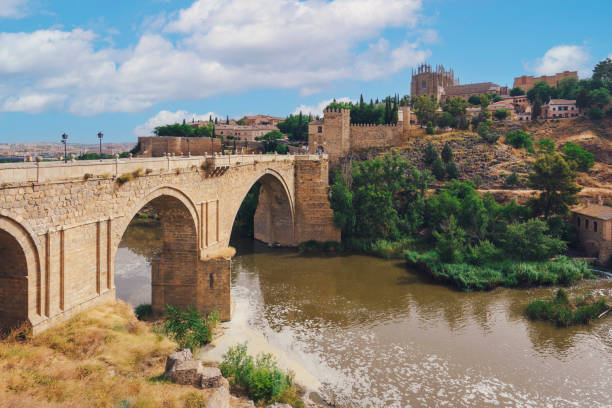 Toledo city with San Martin's Bridge and Tagus river, Spain
