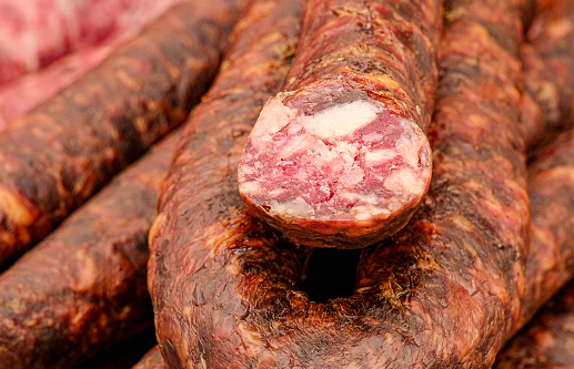 Close-up of the popular chorizo sausage in Spain. Garlic and plenty of paprika powder give the chorizo its spicy flavor and typical color.