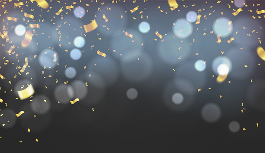 Festive background with bokeh lights and confetti. Vector illustration.