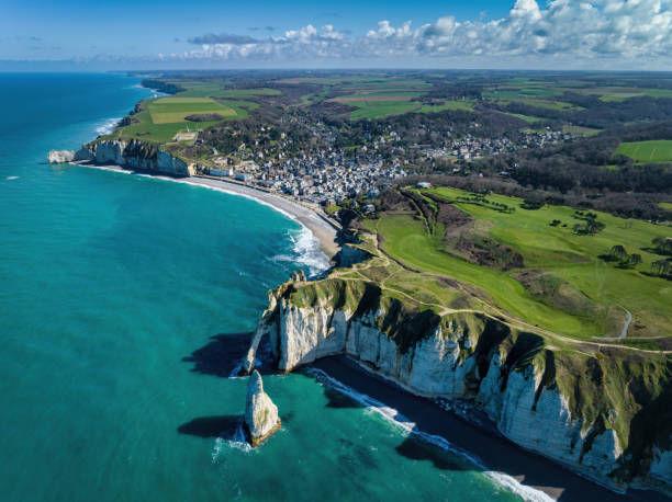Normandy Chalk Cliffs Cliffs of Etretat Downstream Gate Etretat France stock photo