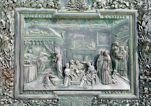 Pisa - The gate of cathedral - Nativity of Virgin Mary by Florentinian artists form 17. cent.