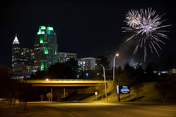Fireworks Explode Over Dowtown Raleigh, North Carolina stock photo
